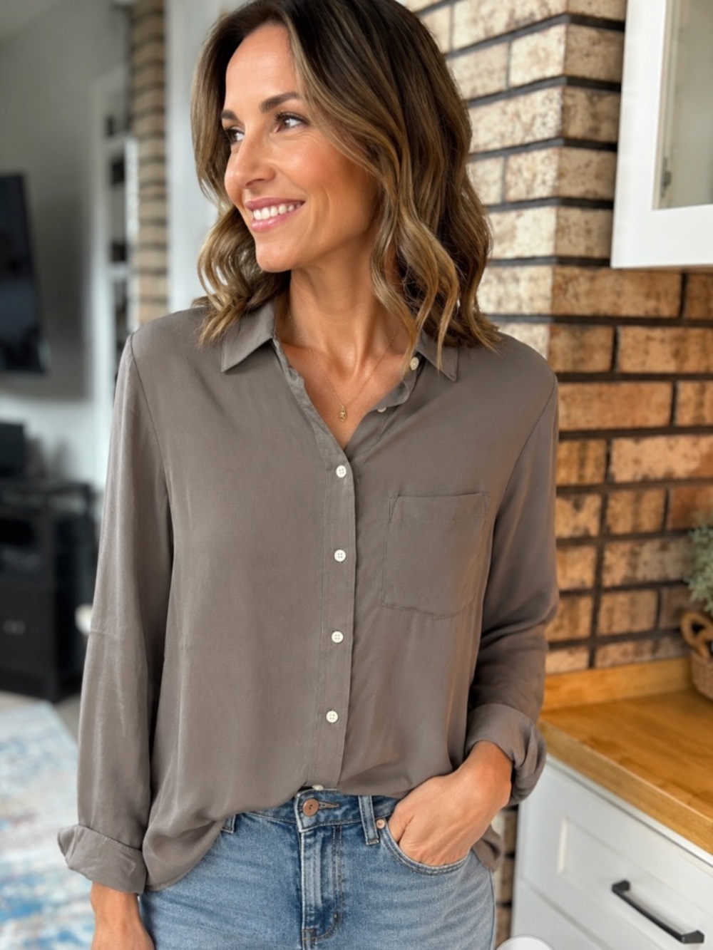 Classic Button-Down Women's Shirt in Taupe